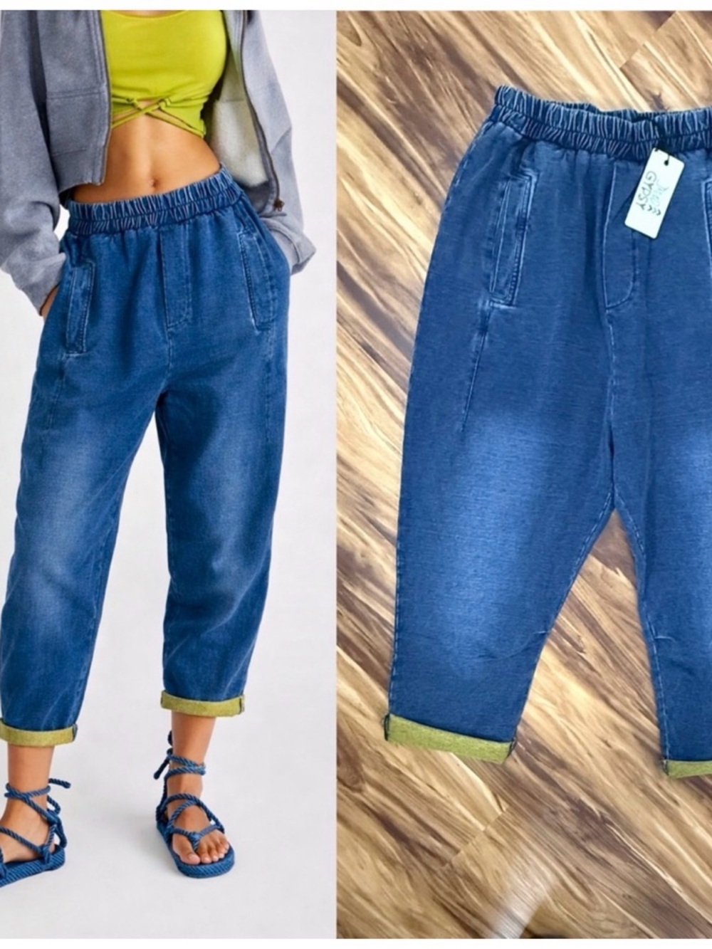 JADED GYPSY Harem-Style Dark Denim Joggers with Olive Cuff